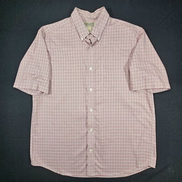 Duluth Trading Co Plaid Button Down Shirt L Red White Cotton Short Sleeve - Picture 1 of 6